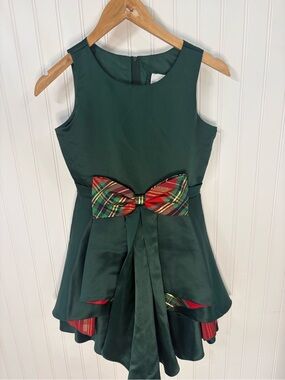 Rare Editions Dark Green Holiday Dress with Red Plaid Bow